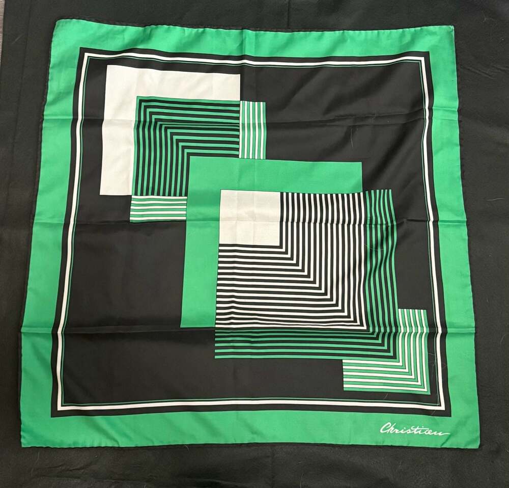 Christian Vintage Geometric Print Silk Scarf Green Black White